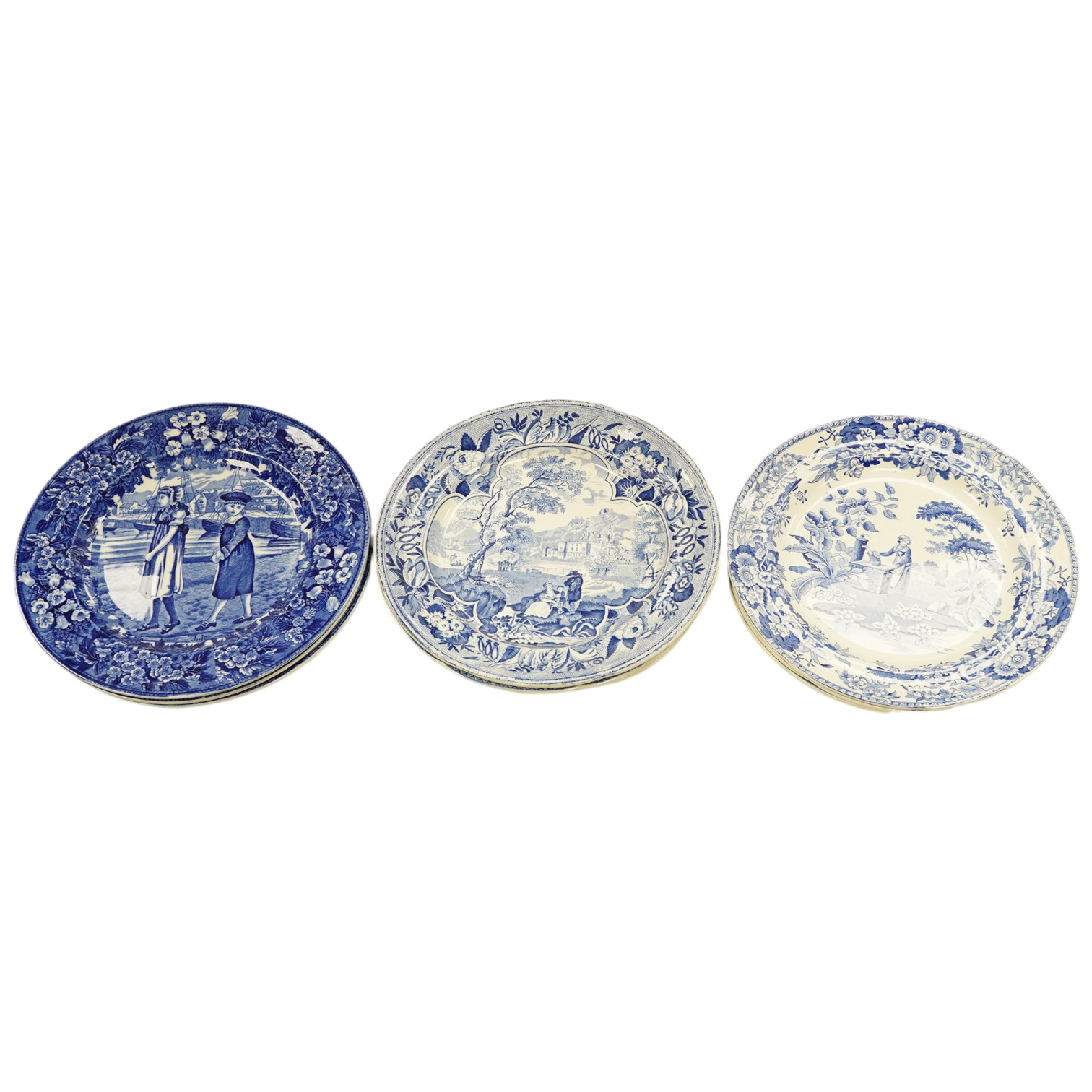 Six early 19th century blue and white transfer printed plates, including Spode, and three Wedgewood months blue and white plates, c.1900 largest 26cm in diameter. Condition - fair